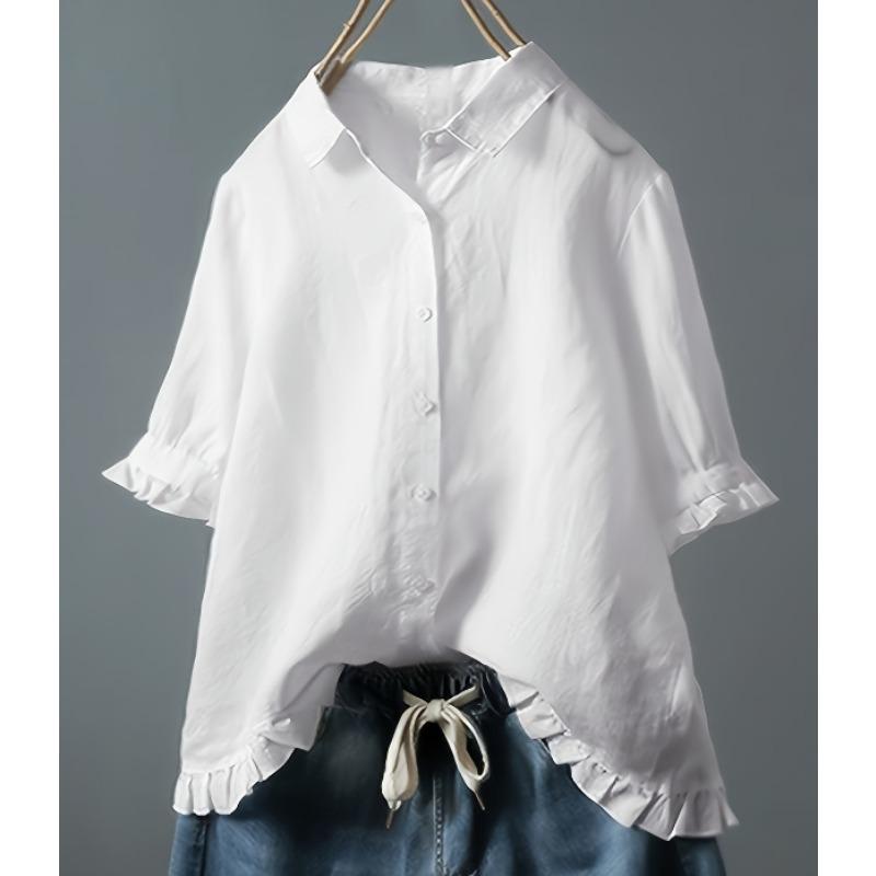 Women's Plus Size Shirt Casual Single Breasted Ruffle Short Sleeve Shirt