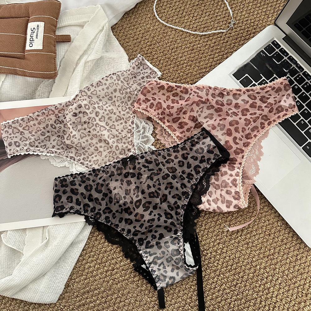 Women's Low Waist Triangle Panties Sexy Pure Cotton Lace Trim Hollow out Butterfly Knot Sexy Leopard Print Breathable Lingerie