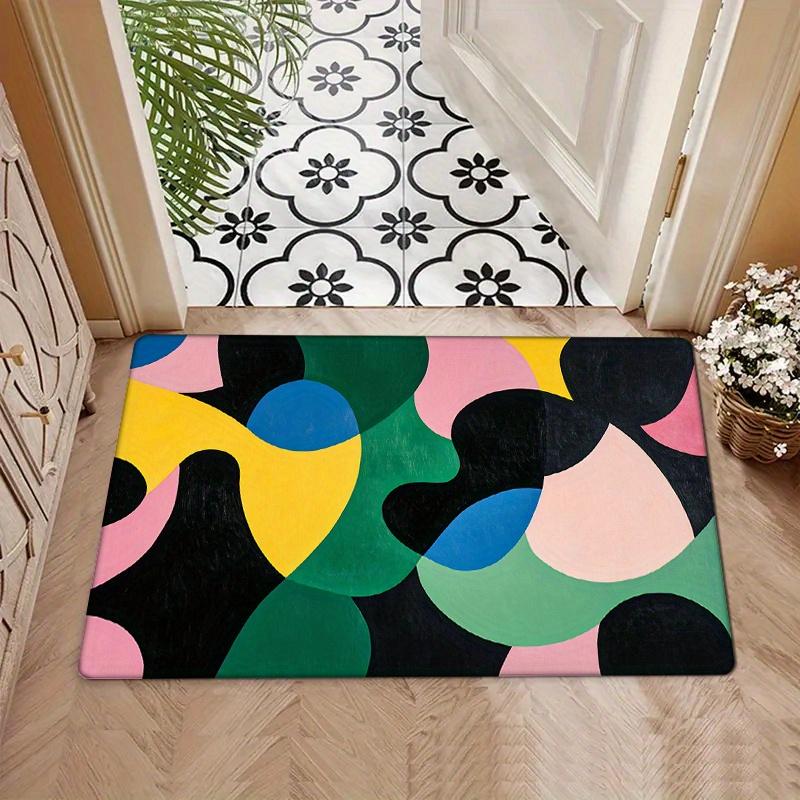 Flannel Thickness 0.47inch - 1pc Abstract Geometric Patchwork Pattern Door Mat, Colorful Irregular Shapes and Lines with Modern