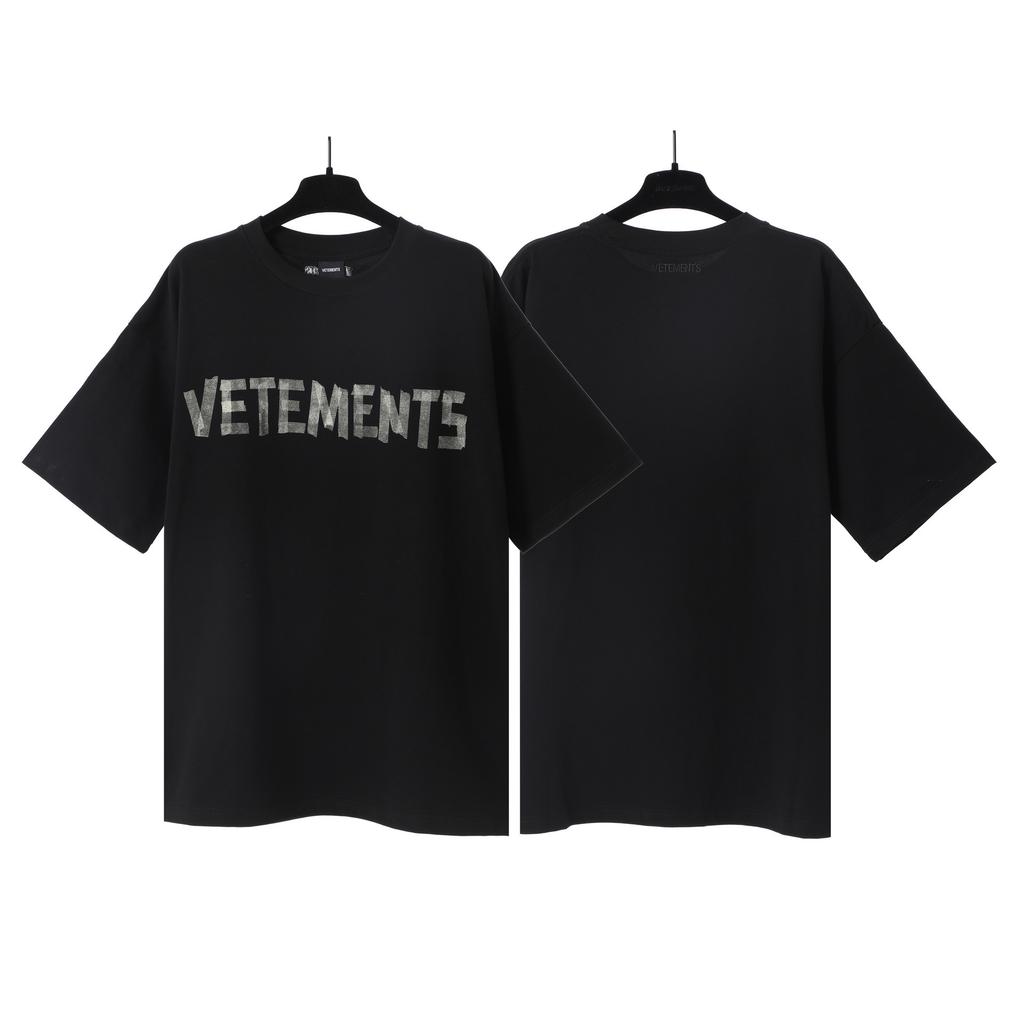 T-shirt in cotone puro a doppia filatura, lavata e invecchiata, con stampa di lettere Vetements, versione alta transfrontaliera, per uomo e donna