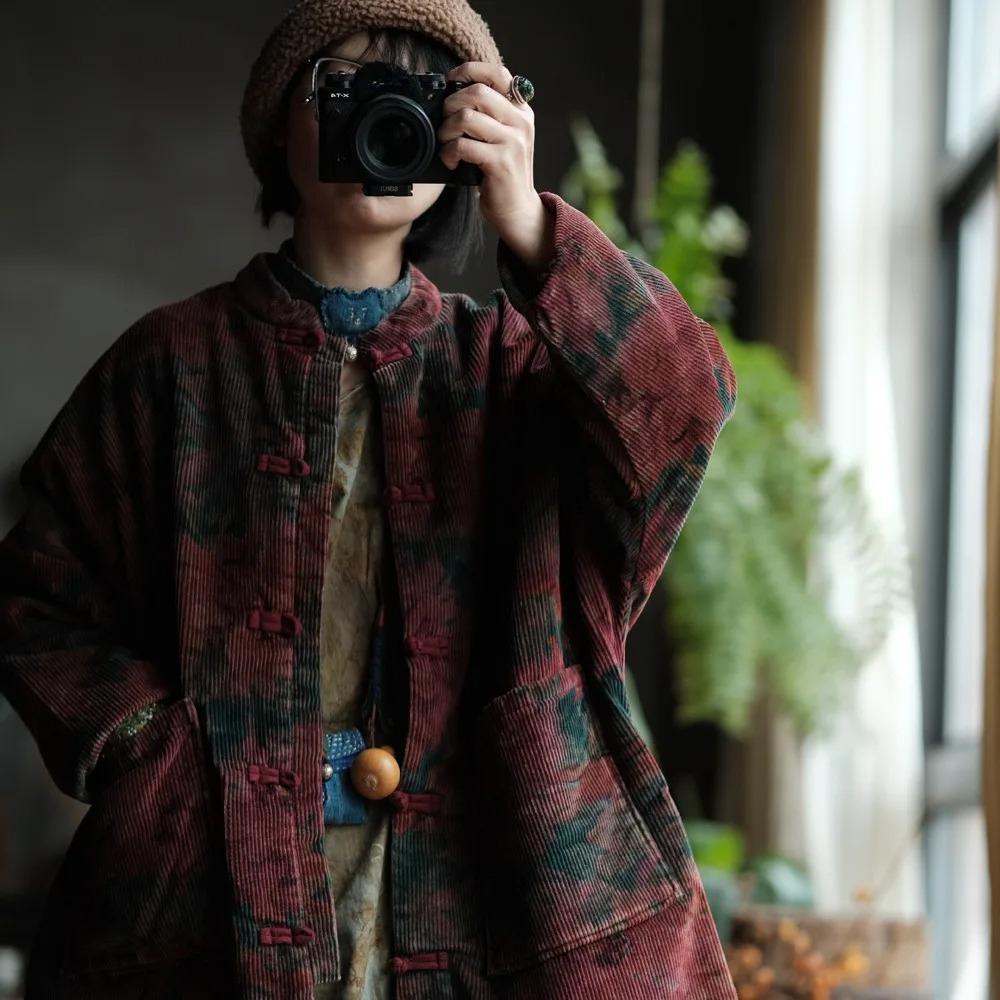 Johnature Women Vintage Corduroy Print Floral Button Patchwork Pockets Winter Coats Warm Coats