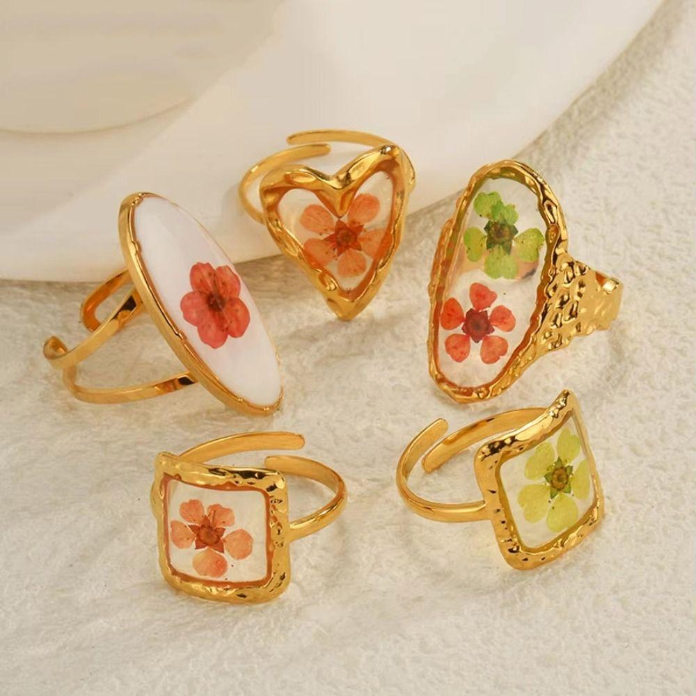 Geometric Summer Transparent Ring Stainless Steel Open Ring Retro Eternal Flower Ring  Couple