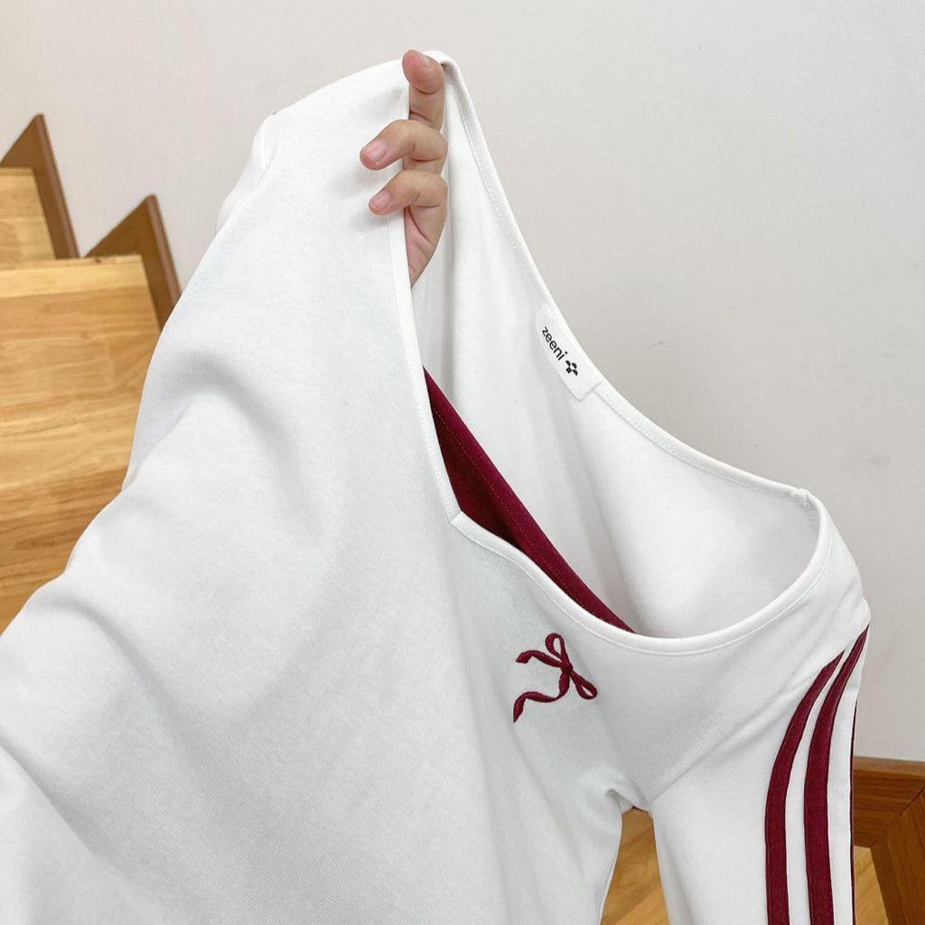 Women's Slim Fit Cropped Two-Piece Look T-Shirt: White Bow Embroidered Long-Sleeve for Spring/Autumn 2025