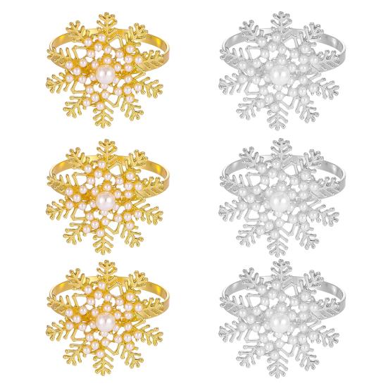1/2/6Pcs Golden Metal Napkin Ring Faux Pearl Decor Snowflake Design Winter-themed Napkin Holders Weddings Parties Table Decor