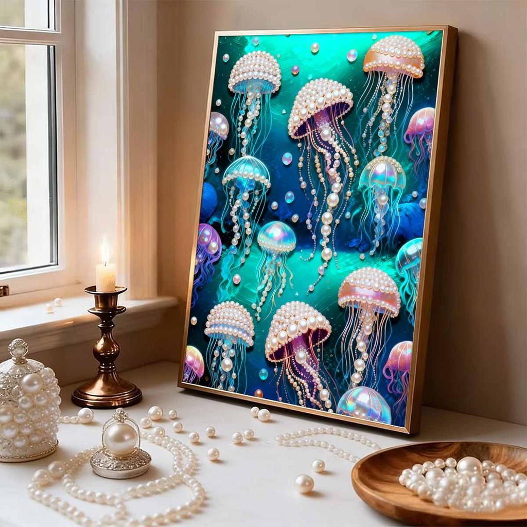 5D DIY Frameless Pearl Painting Jellyfish Pattern Painting Kit, Suitable for Home Living Room Bedroom and Other Wall Decoration Art Paintings