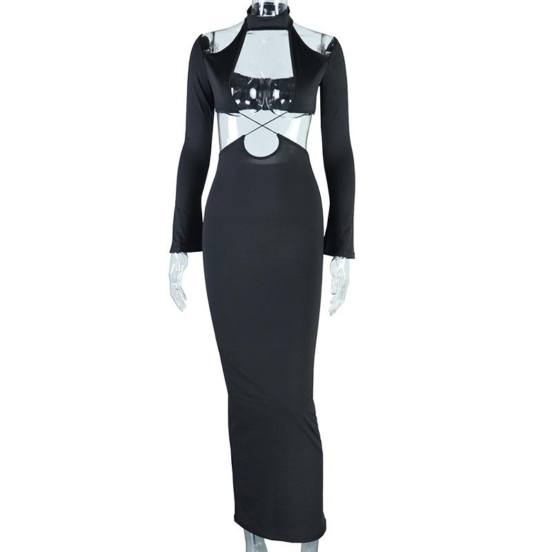

Сексуальное платье макси с крестообразным вырезом и открытыми плечами, женское однотонное платье с открытой спиной и длинными рукавами, хипстерское вечернее платье, женское облегающее уличное платье L чёрный