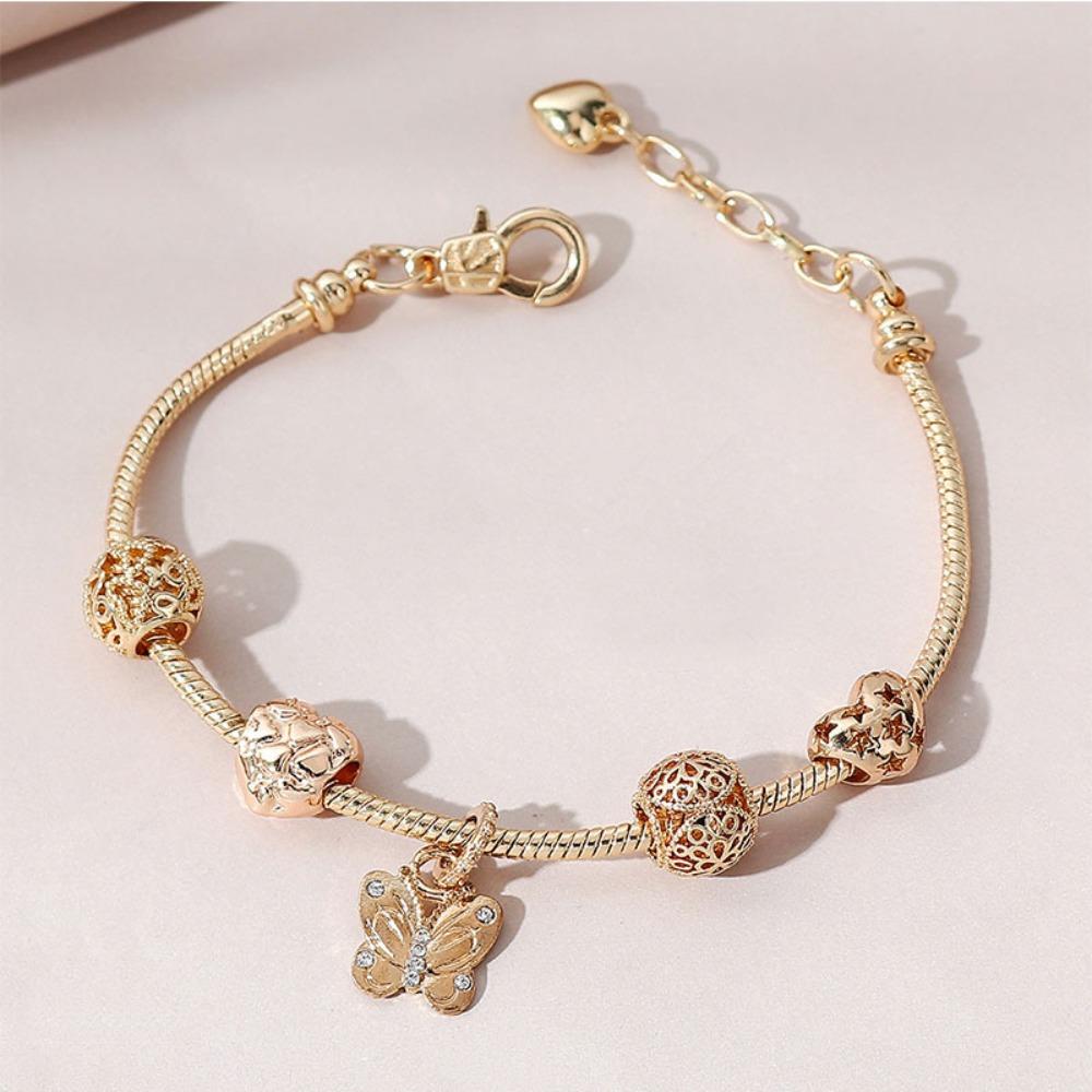 

Adjustable Beaded Alloy Heart Butterfly Charm Copper Bracelet with Sticky Diamonds