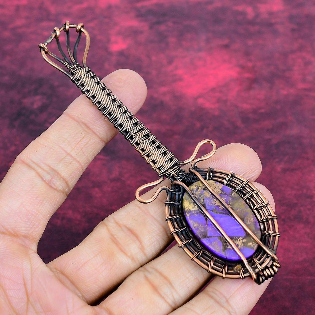 Copper Charoite Real Gemstone Pendant Guitar Pendant Copper Wire Wrapped Jewelry