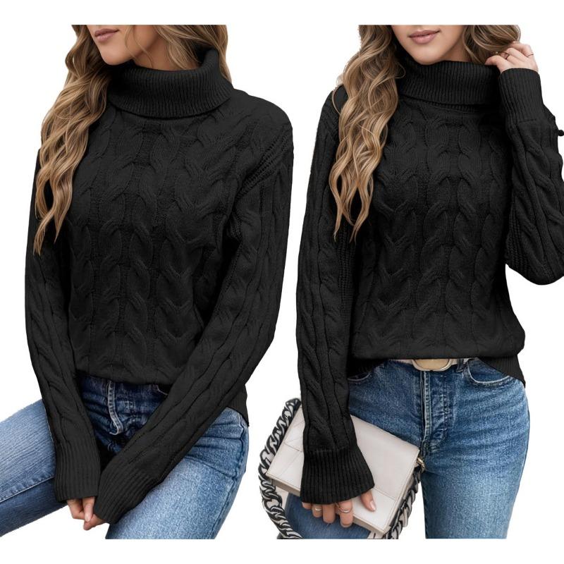 Women S Solid Twist Knit High Neck Long Sleeve Sweater