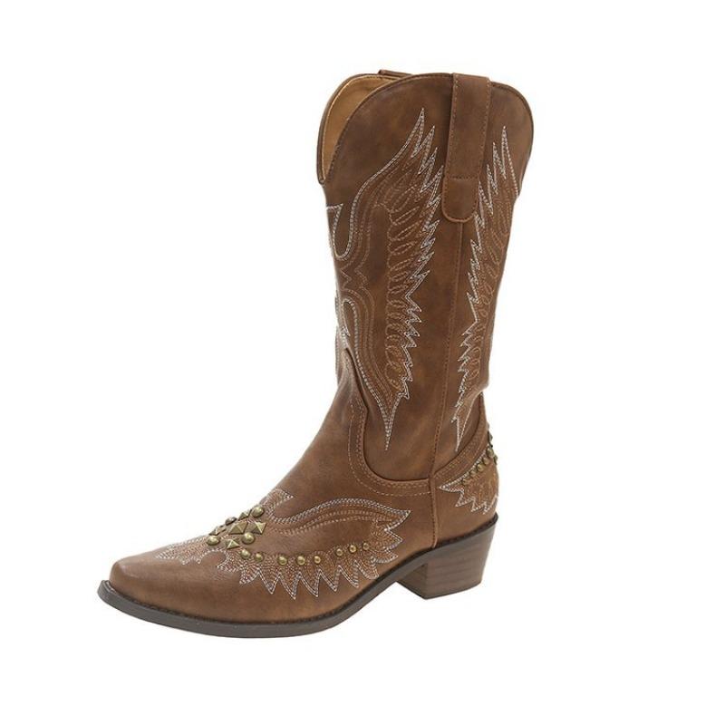 Fashion 2025 New Women Boots Classics Embroidered Western Cowboy Boot Retro Rivet Mid Calf Boots for Women Pointed Toe Knight Boots