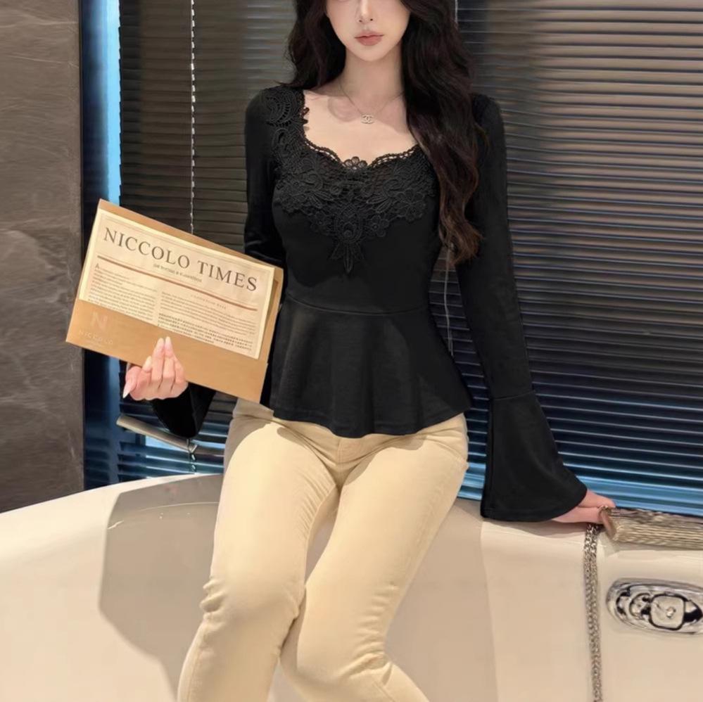 European and American Style Ruffle Hem Long Sleeve T-shirt