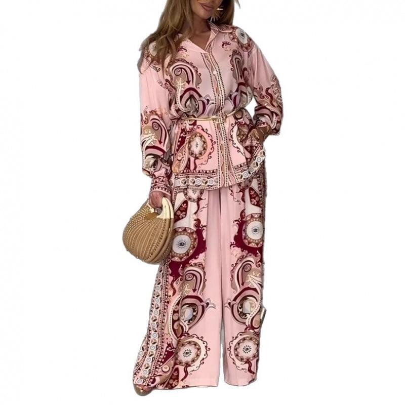 2025 Women's Graffiti Print Two-Piece Set: Turn-Down Collar Shirt & Long Pants