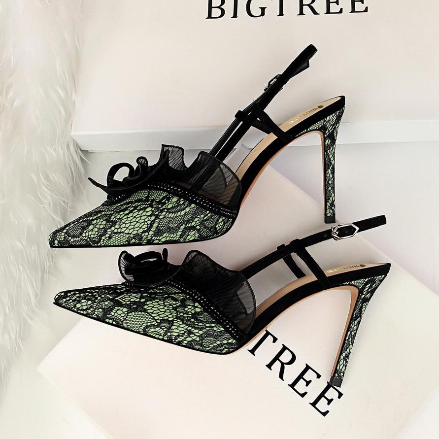 Fashion 2025 Women Summer 9cm High Heels Lace Sandals Lady Fetish Stiletto Pumps Female Escarpins Strappy Mesh Party Green Purple Shoes