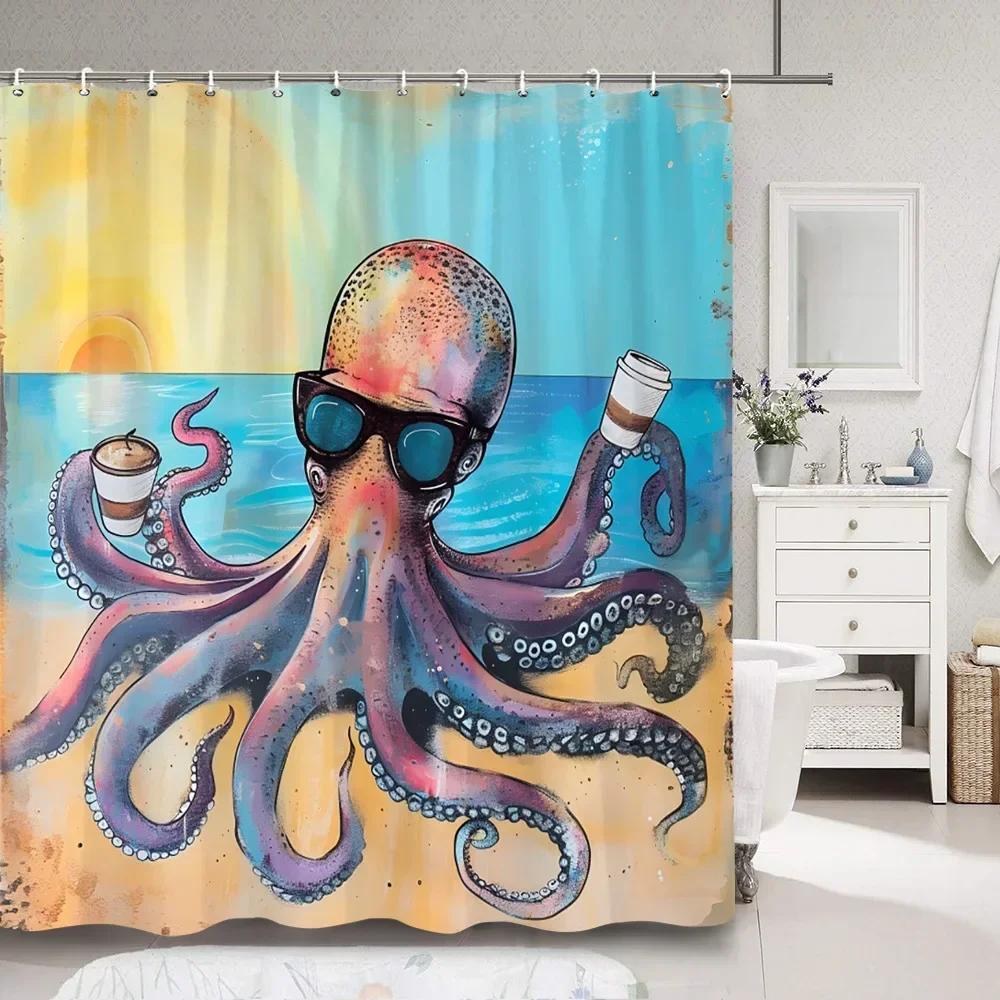 Horror Sea Monster Octopus Shower Curtain Dark Sailboat Ocean Vintage Pirate Ship Wave Polyester Shower Curtains Bathroom Decor