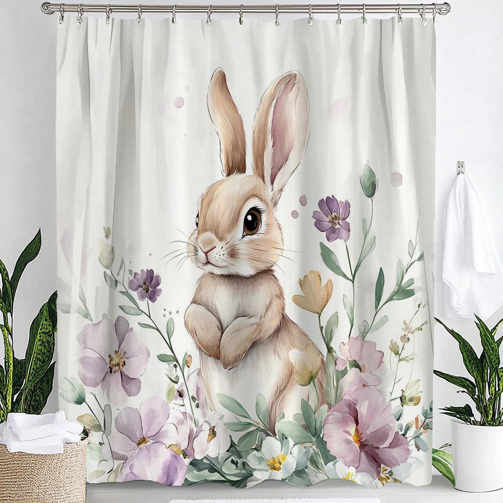 1pc Cute Rabbit Cheerful Shower Curtain, Flower Plant Print Waterproof Shower Partition Privacy Hanging Curtain with Hooks