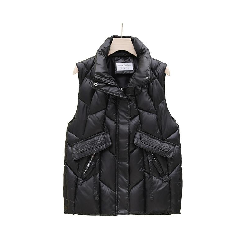 Leave-in vest stand-up collar corrugated Korean version down cotton vest women s winter wear new short zipper rope pocket cotton vest 2XL чёрный
