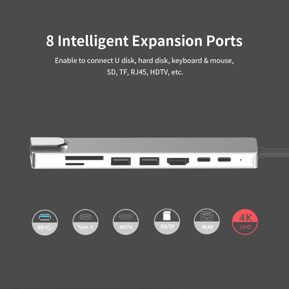 8IN1 USB C Multi function Laptop Docking Station Converter Type C to PD+USB*2+HDTV+Type C+SD+TF+RJ45 87W Adapter Grey