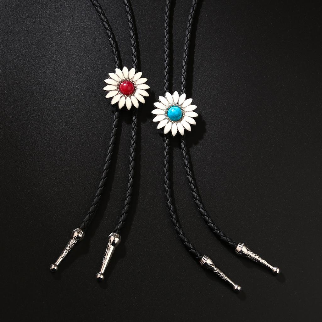 3Pcs Rodeos Bolo Tie with Sunflower Stone Pendant Braided Leather Cord Adjustable Chain Necktie Western Jewelry Necklace