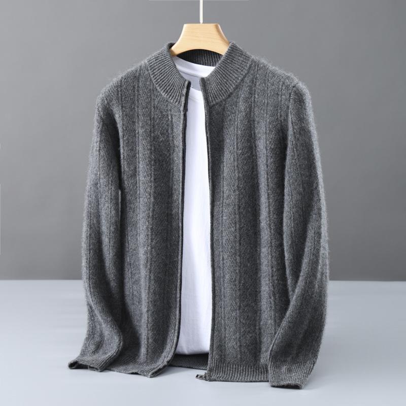 Cardigan Jacquard in 100% Lana Pura da Uomo, Collo Alto Business Casual, Chiusura con Zip, Top Versatile dalla Vestibilità Larga