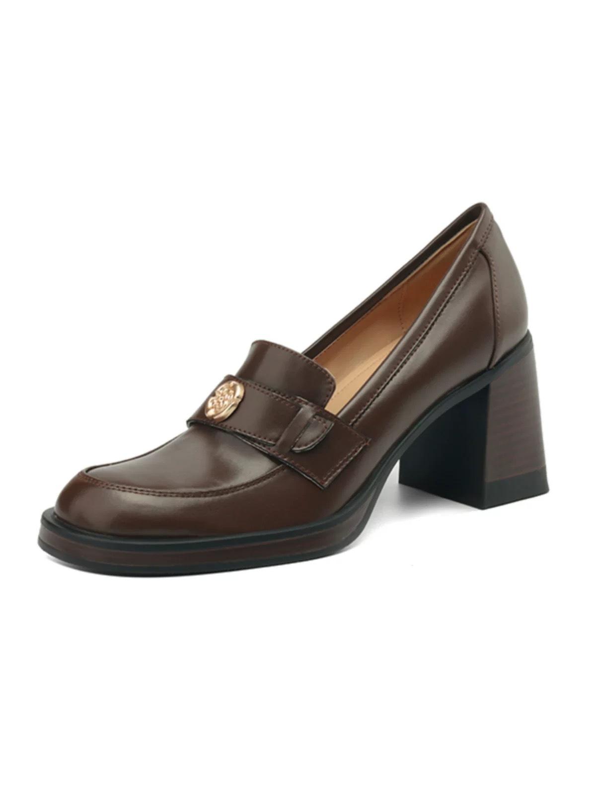 

ins Korean order, showing long legs~! Small soft leather camellia round head high heels women s single shoes loafer small leather shoes 39