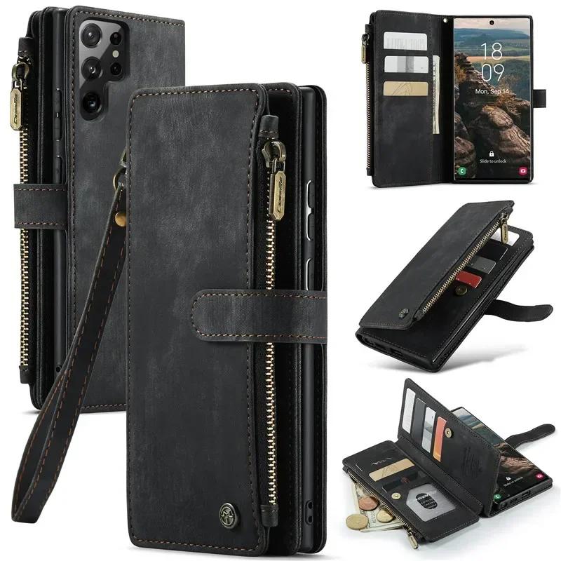 CaseMe Flip Leather Phone Case For Samsung Galaxy S26 Ultra S25 Edge S24 FE S23 S22 S21 S20 Plus S10 Note 20 Ultra Zipper Wallet Card Bag Cover Coque