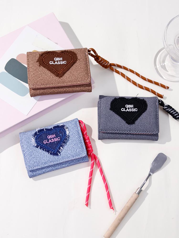 Denim Heart Lanyard: Fashionable Women's Three-Fold Coin Purse Wallet