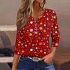 Women's T Shirt Christmas Print Button 3/4 Sleeve Daily Weekend Fashion Basic V- Neck Regular Top