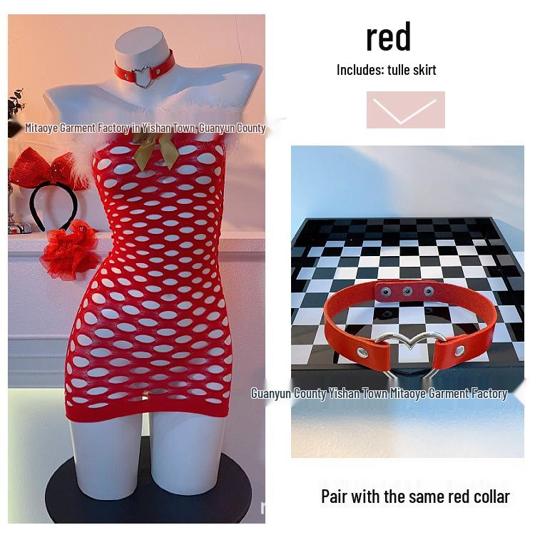 Seductive Red Fishnet Christmas Dress Lingerie with Hip-Hugging Stockings