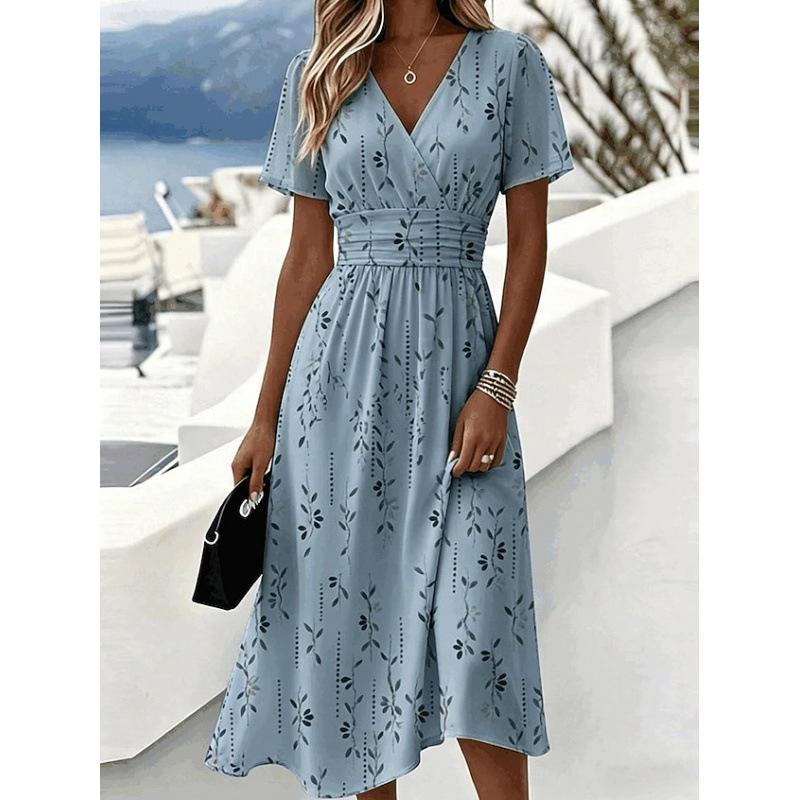 Vestido Midi Floral de Manga Corta con Cuello en V para Mujer Ropa Casual de Vacaciones