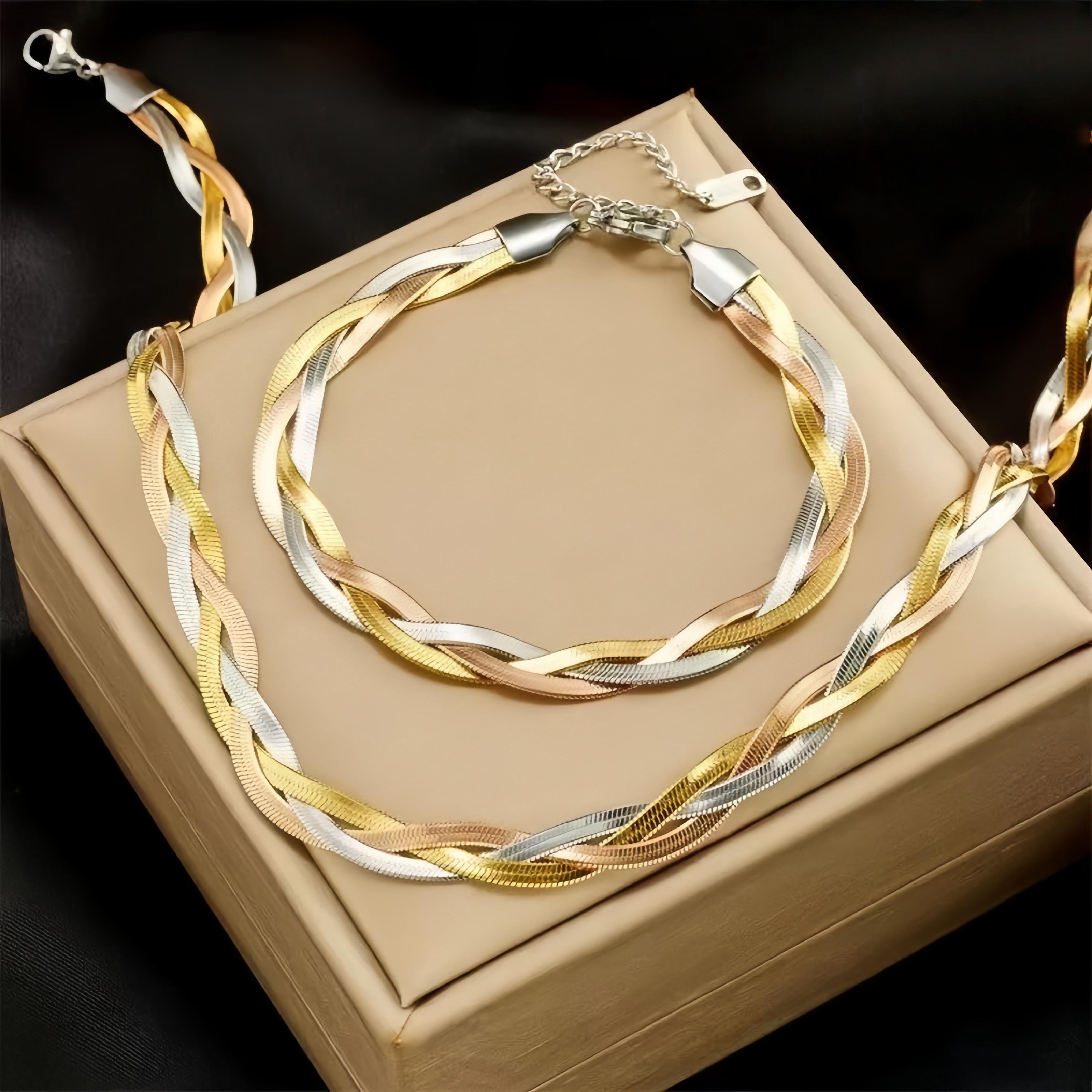 2pcs Hypoallergenic 3-Tone Stainless Steel Necklace & Bracelet Set | Comfortable, Versatile, Elegant, Ideal for Daily Wear