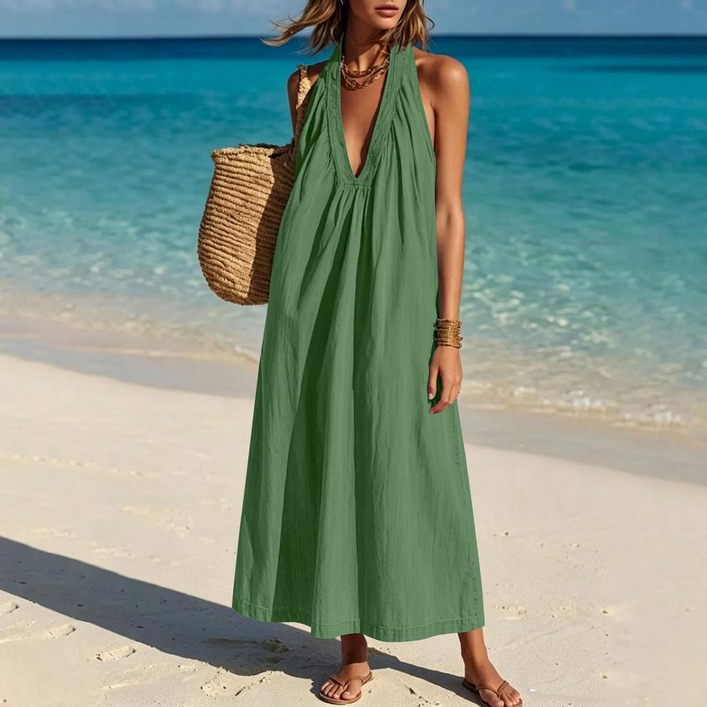 Women's Fashion Sleeveless V Neck Backless Casual Loose Fit Long Dress Summer Beachwear Maxi Dress