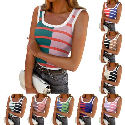 Women's Ribbed Vest Sleeveless Striped Knit U Neck Shirt Summer Casual Tank Top