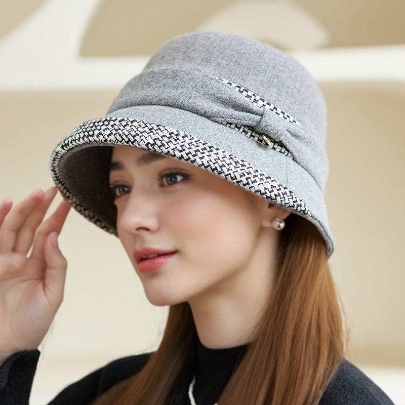 Nový dámský zimní klobouk bucket Módní malý kostkovaný vlněný klobouk kbelíkový Venkovní cestovní teplý klobouk