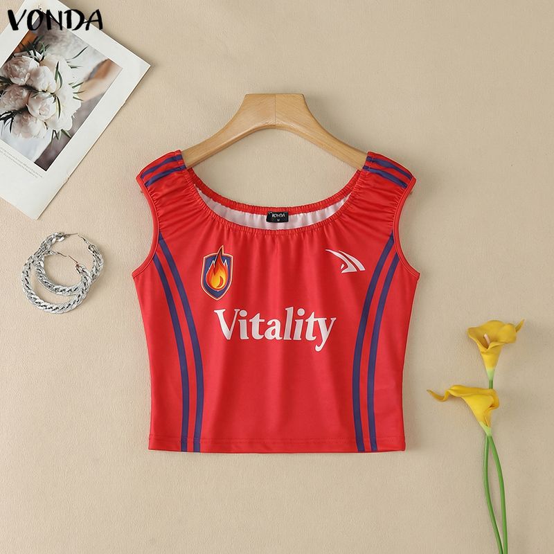 VONDA  Women Elastic Round Neck Sleeveless Cheerleader Outfits Summer Cropped Tank Tops S
