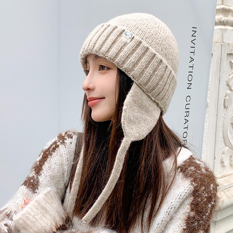 Autumn and Winter Warm Solid Color Ear Protection Knitted Hat Warm Woolen Hat Women's Casual Versatile Large Head Cold Hat Baotou Hat