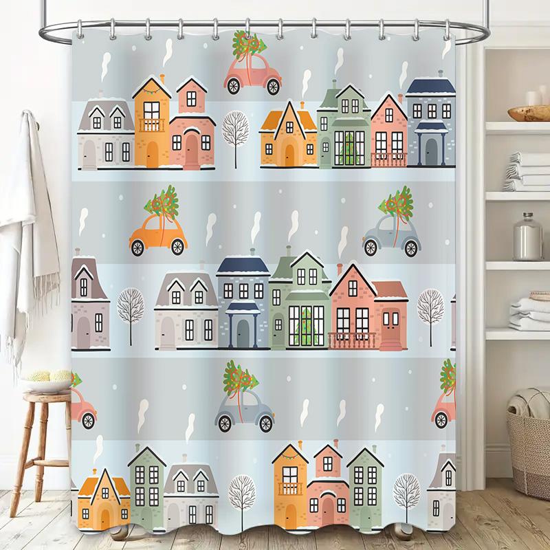 Charming House Car Christmas Tree Print Shower Curtain Home Decoration Waterproof Bathroom Wall Hanging Decorations For Kids Bat