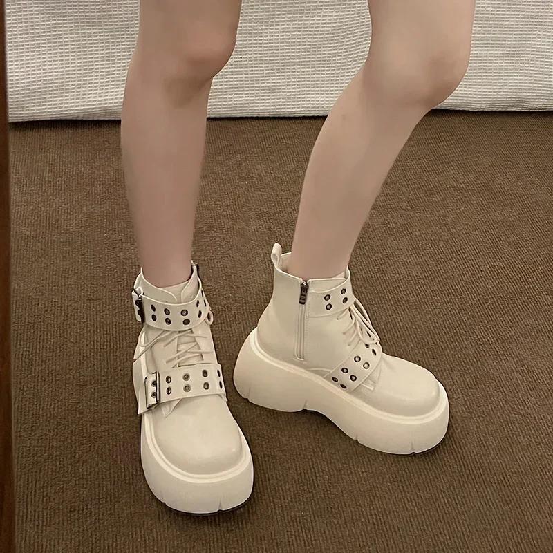 Ankle Boots Women Sneaker Platform Flats Shoes Woman Autumn  Trend New Rock Leather Punk Lace Up Thick Sole Goth Botas Mujer