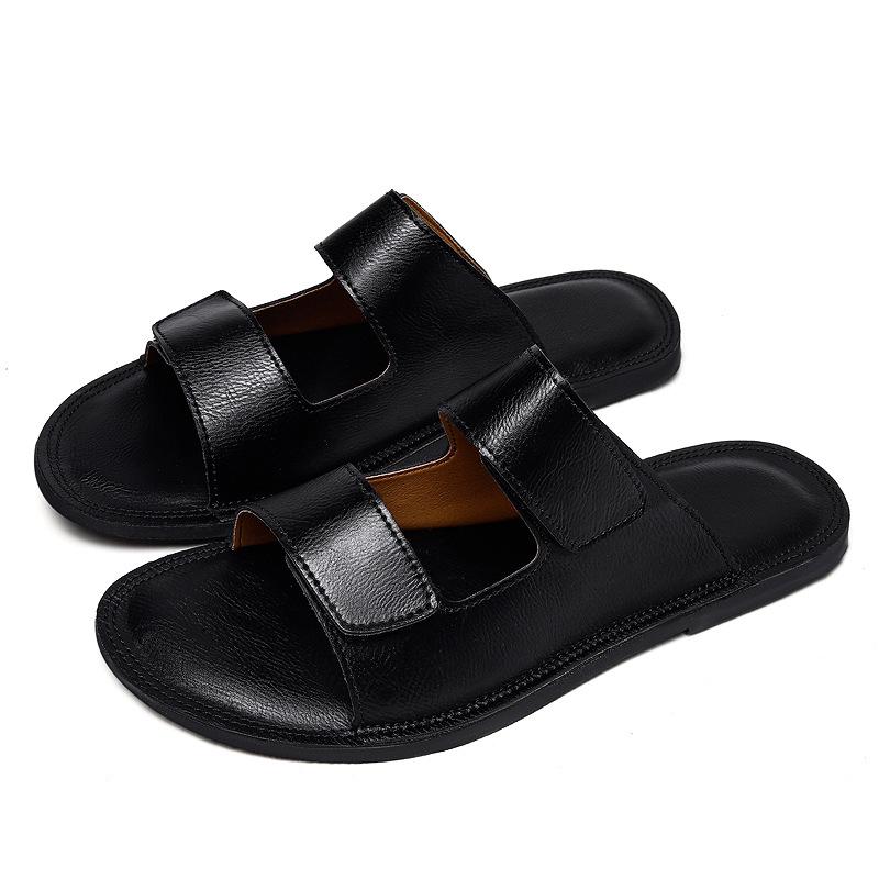 Men's Large Size High-End Leather Beach Sandals - Soft Sole Single Strap Summer Slippers (Sizes 46-47)