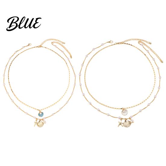 Shell Necklace Women Double-layered Starfish Charm Faux Pearl Decor Adjustable