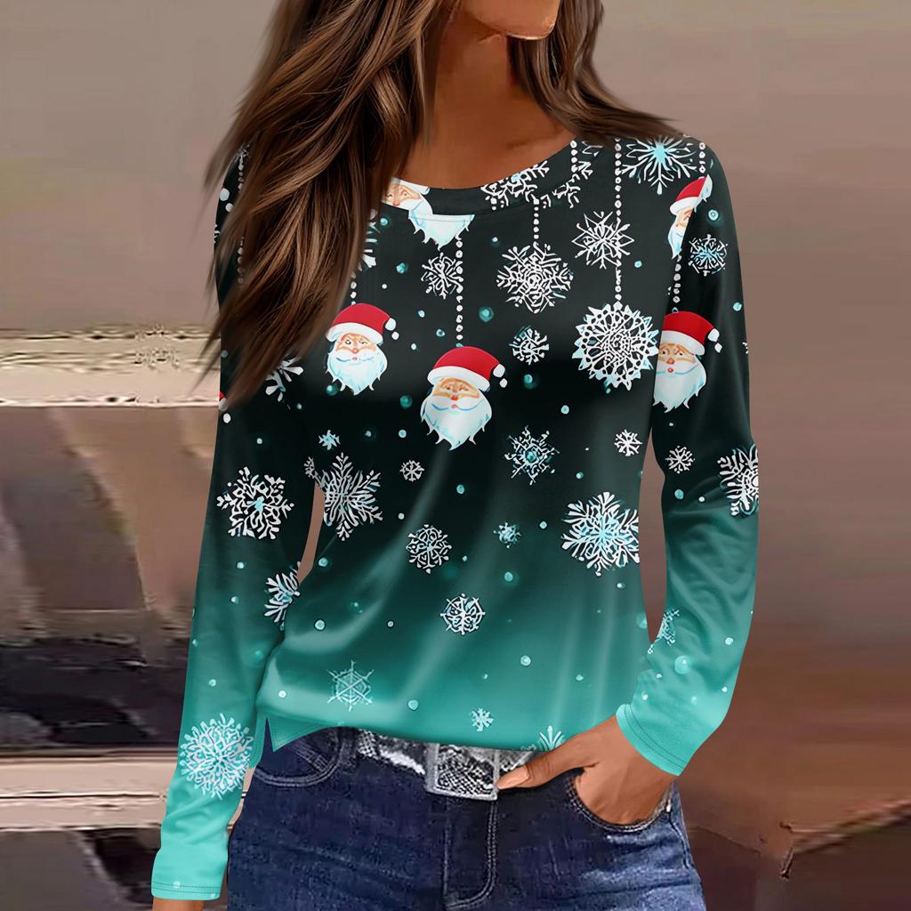 Women's Fashion Casual Slit Hem Round Neck Long Sleeve Loose Christmas Printed T-Shirt Ladies Top