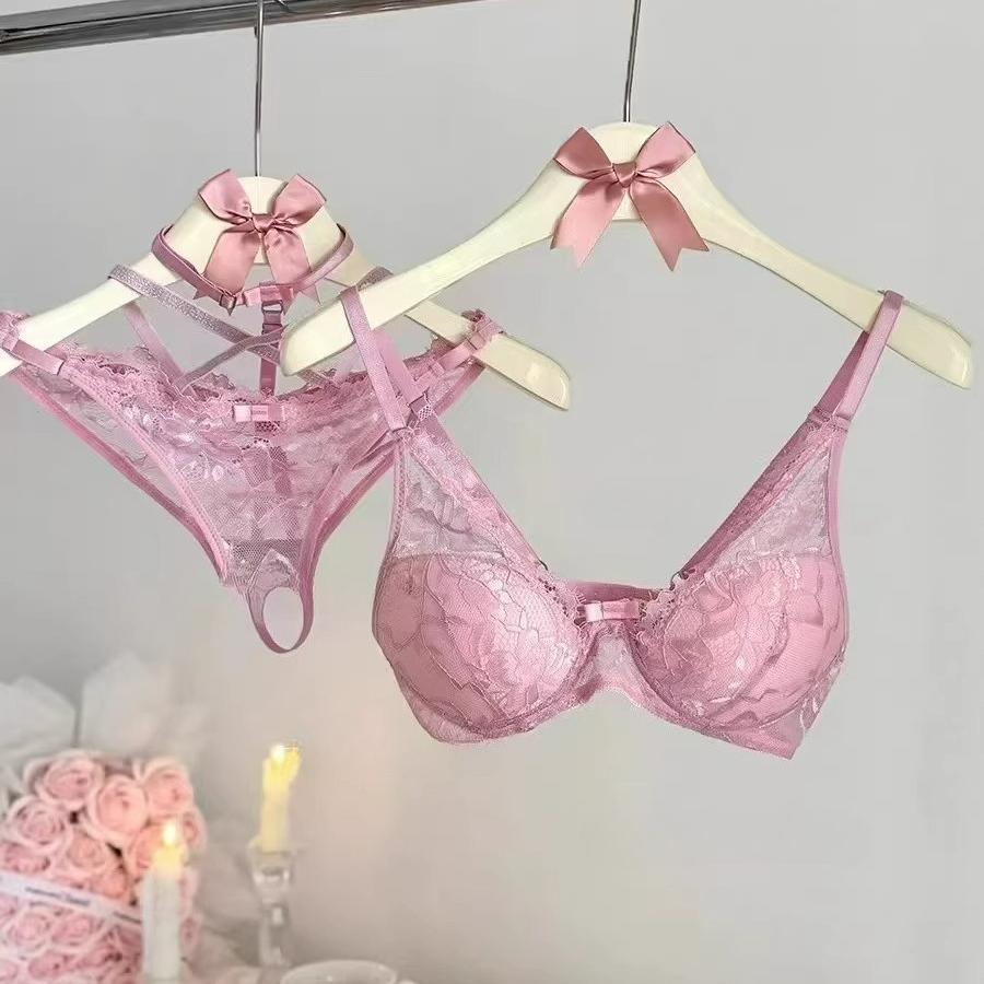 Pink Halter Neck Lace Bra Set Sweetheart Sexy Underwire Push Up Full Coverage Women Bralette