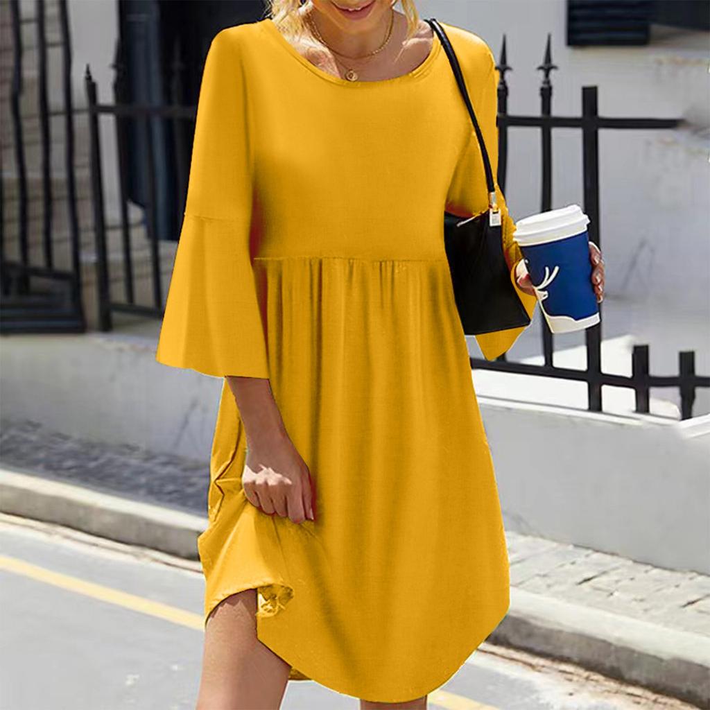 Women's Color Round Neck Seven-Part Sleeve Sub Bohemian Dress