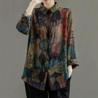 Spring Autumn Printed Women's Polo-Neck Long Sleeve Shirt Loose All-match Vintage Single-breasted Blouse Female Clothing
