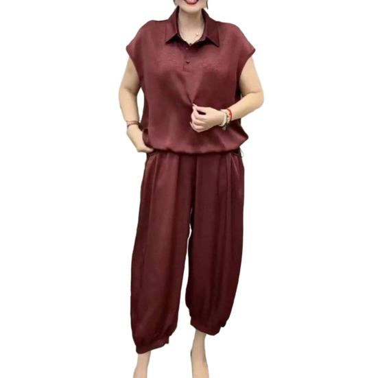 Women's Loose Two-Piece Outfit Lapel V Neck Short Sleeve Top Long Pants Set Summer Casual Lounge Suit