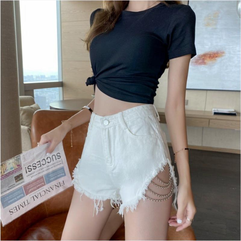 Sommer Hip-Hop-Metallelemente Hohe Taille Tiefe Taschen Jeans Damen Zerrissene Shorts