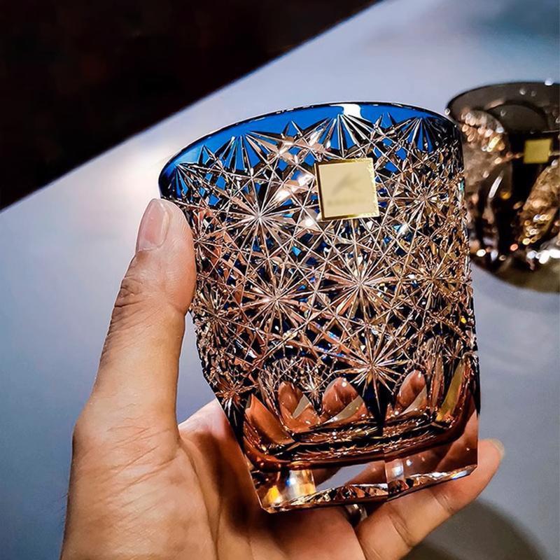 Edo Kiriko Blue Daisy Crystal Whiskey Glass