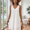 Beauty Back V-Neck Lace Dress A-line Mid Dress Beach Wear Summer Casual Skirt Seaside Vacation