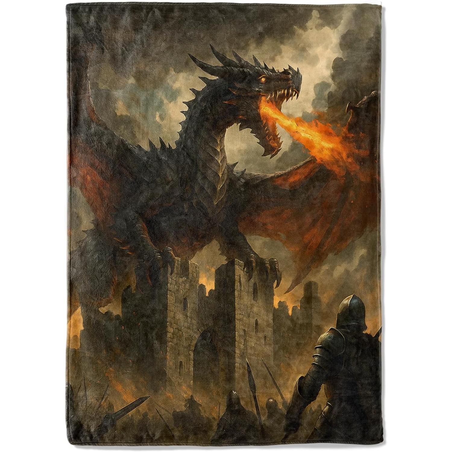 

Epic Fire Breathing Dragon Fleece Blanket,Medieval Castle Battle Fantasy Art Throw Blankets,Soft Cozy Lightweight, Ideal 75x90cm