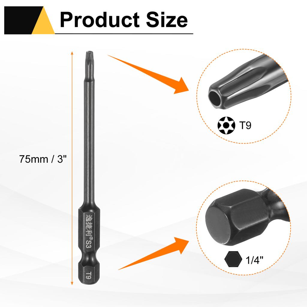 6pcs T6-T40 Torx Screwdriver Bit 1/4" Hex Shank 75mm/100mm S3 Steel Magnetic Tamper Proof Star 6 Point Head Hex Screw Driver Bit
