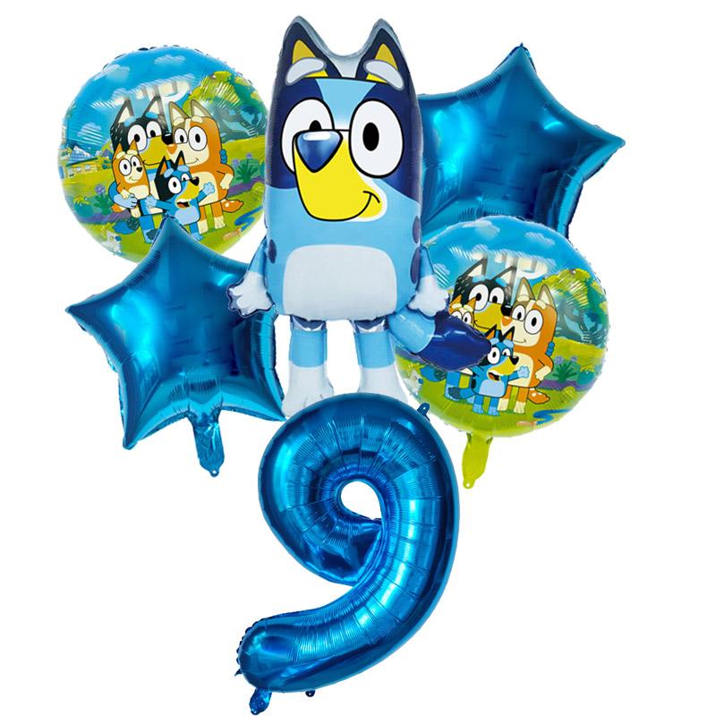 6 Stück Familie Bluey Aluminiumballon Cartoon Bingo Aktivität Spielzeug Blau Gold Stern Ballon Dekoration Sammlung Geburtsdatum Feier Babyparty Zubehör